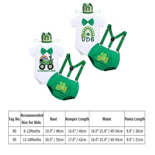 Baby Boy St. Patrick's Day Green Romper with Suspender Shorts and Crown Hat