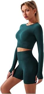 Women's Seamless Yoga Outfits Two Pieces Workout Long Sleeve Crop Top Sports Bra + High Waisted Running Shorts Sets Biker Activewear Athletic Fitness Gym Sexy Active Tracksuit Z - Dark Green Medium