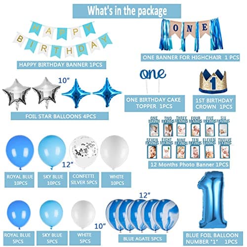 1st Birthday Boy Decorations 66PCS Blue - JOYYPOP