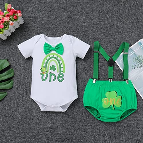 Baby Boy St. Patrick's Day Green Romper with Suspender Shorts and Crown Hat