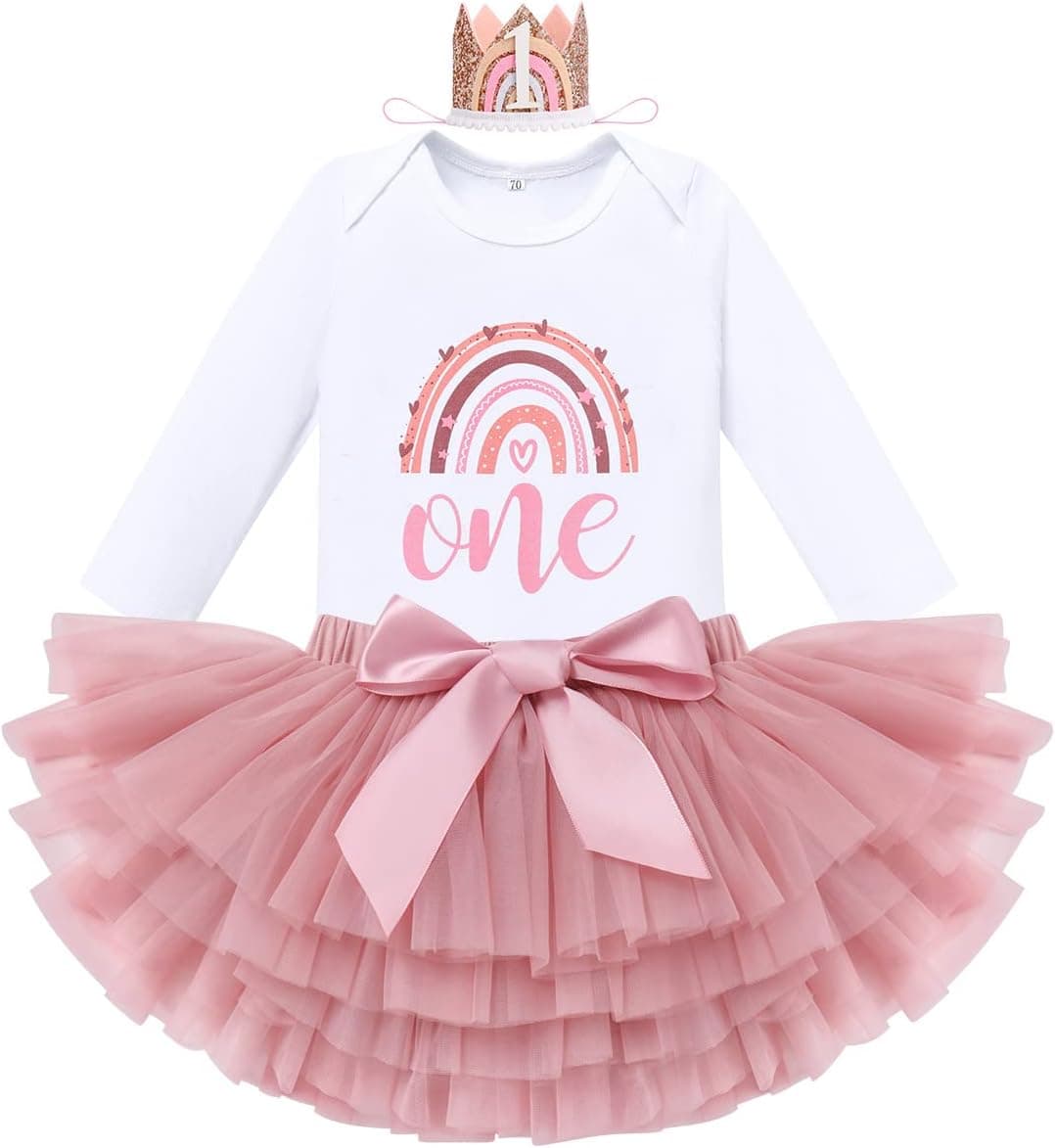 Rainbow 1st Birthday Outfit for Baby Girls Romper Tutu Skirt Tulle Bloomers Headband First Birthday Cake Smash Outfits