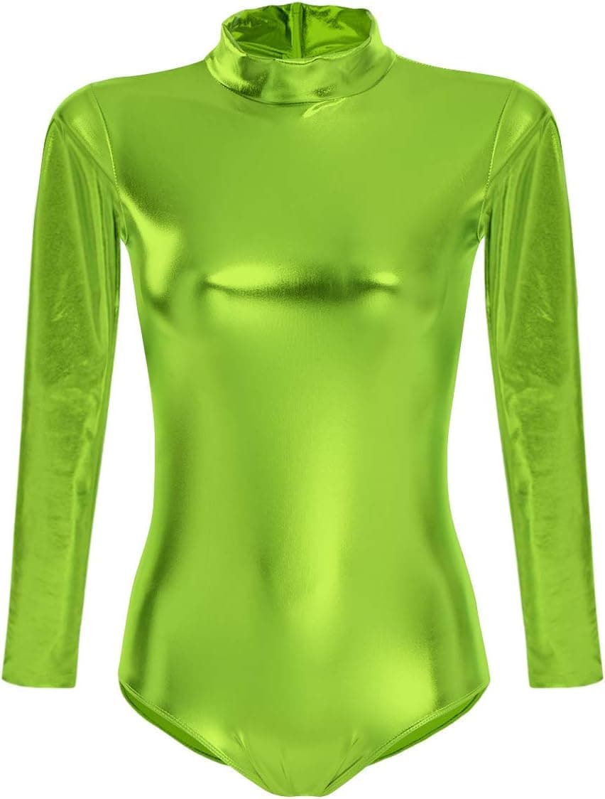 Women Metallic Bodysuit Alien Costume Halloween Cosplay Shiny Long Sleeve Leotard One Piece Latex Rave Outfit