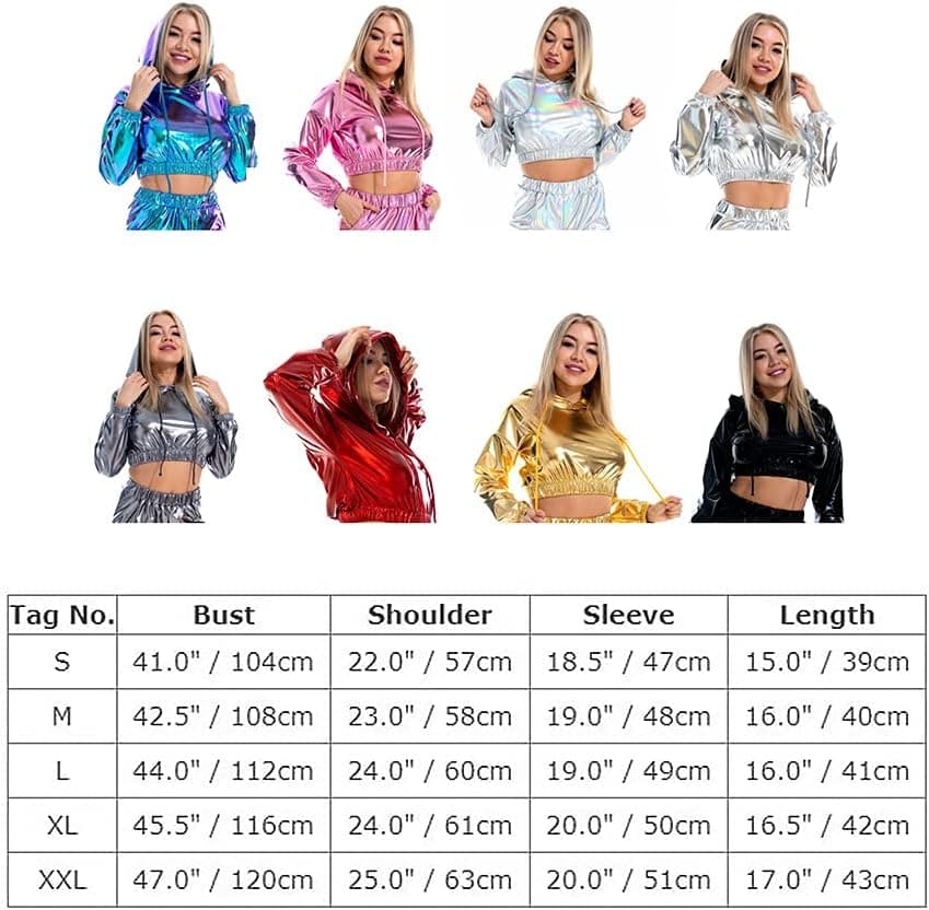 Womens Shiny Metallic Crop Top Hoodies Drawstring Long Sleeve Wet Look Pullover Holographic Sweatshirts Club Wear