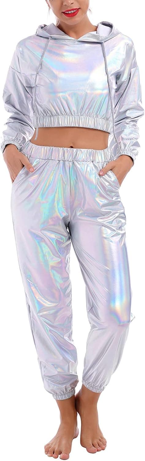 Women's Rave Outfit Shiny Crop Top Hoodie Metallic Casual Long Pants Hooded Workout Sweatshirt Disco Dance Clubwear