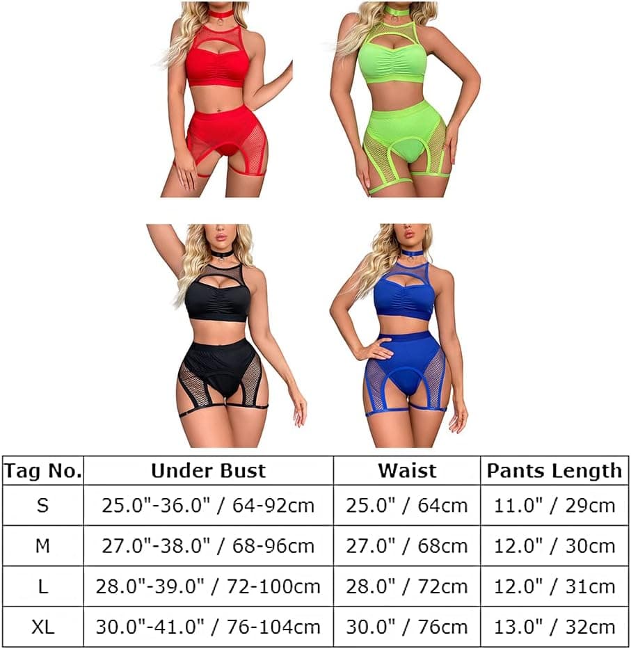 Women Rave Outfits Sheer Fishnet Top Booty Shorts Bottom Choker 3PCS Mesh Babydoll Nightwear Festival Lingerie Clothes