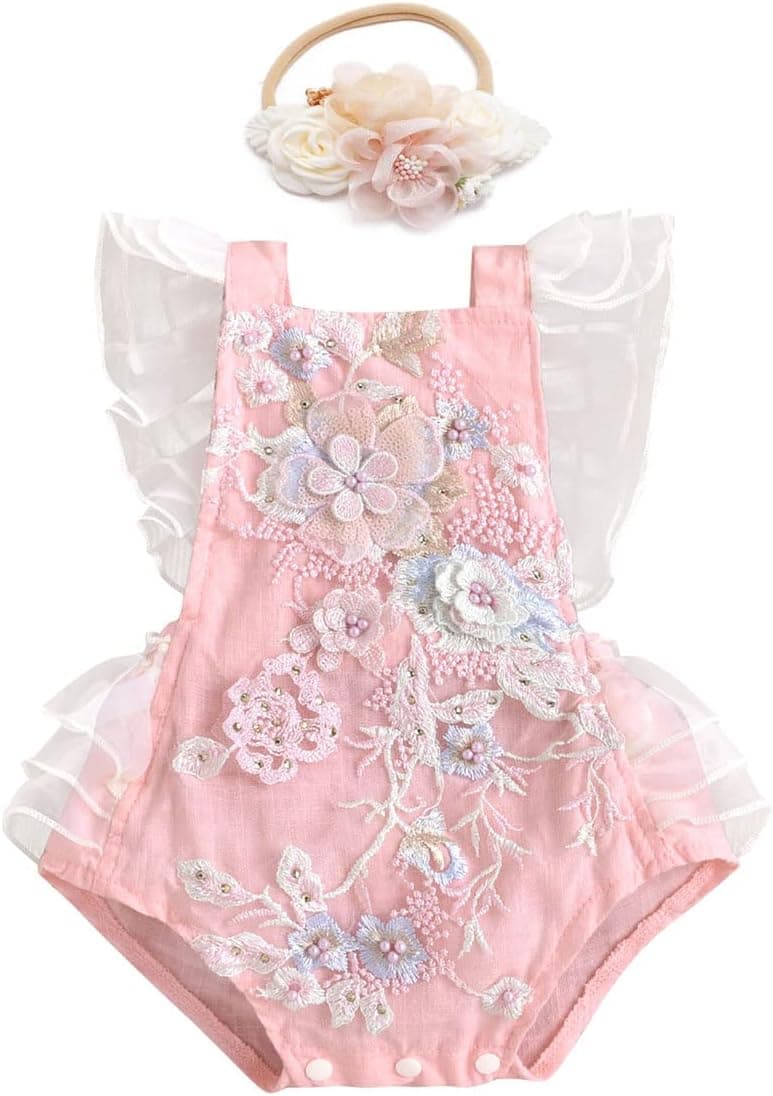 Baby Girl Lace Romper Delicate Embroidery Backless Bodysuit with Flower Headband 2pcs Cake Smash Outfit…