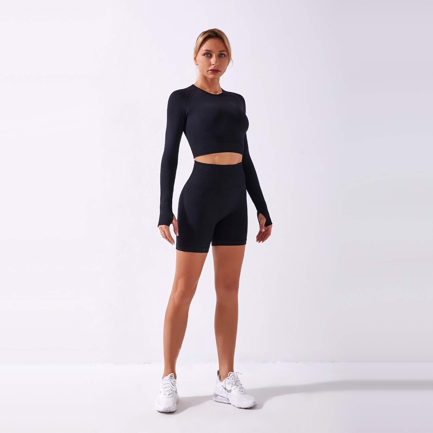 Women's Seamless Yoga Outfits Two Pieces Workout Long Sleeve Crop Top Sports Bra + High Waisted Running Shorts Sets Biker Activewear Athletic Fitness Gym Sexy Active Tracksuit Z - Black Small