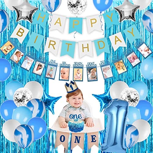 1st Birthday Boy Decorations 66PCS Blue - JOYYPOP