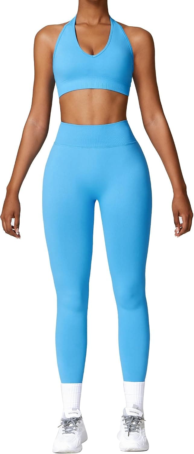 Women Workout Set 2 Piece Strappy Sports Bra High Waist Booty Long Leggings Pants Gym Fitness Clothes Tracksuit
