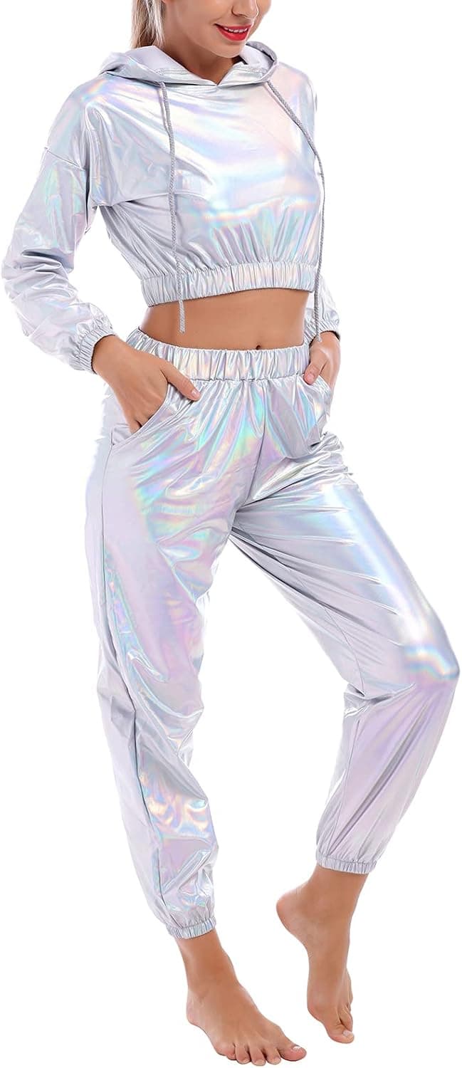 Women's Rave Outfit Shiny Crop Top Hoodie Metallic Casual Long Pants Hooded Workout Sweatshirt Disco Dance Clubwear