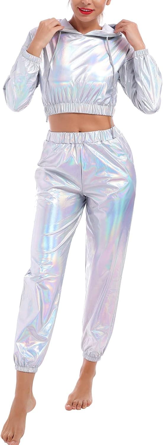 Women's Rave Outfit Shiny Crop Top Hoodie Metallic Casual Long Pants Hooded Workout Sweatshirt Disco Dance Clubwear