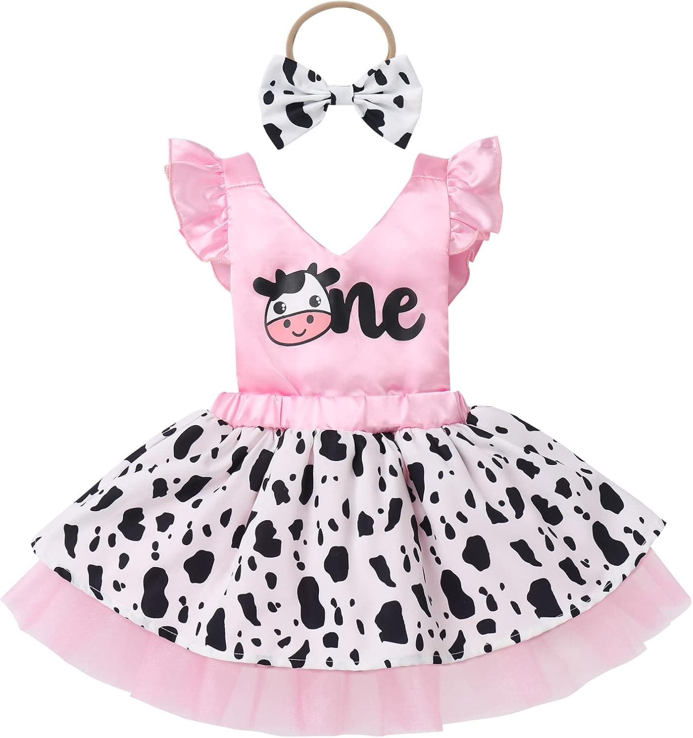Toddler Baby Girl Farm Cow 1st Birthday Outfit Cow Print Dress with Headband Cake Smash Photo Shoot Clothes Set