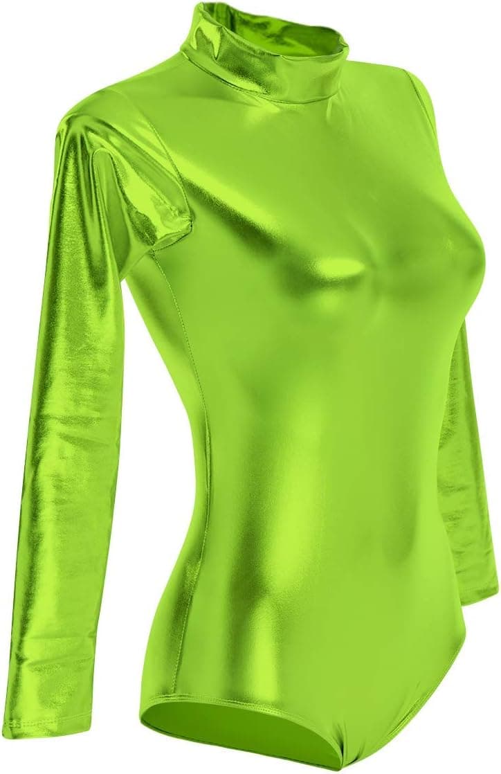 Women Metallic Bodysuit Alien Costume Halloween Cosplay Shiny Long Sleeve Leotard One Piece Latex Rave Outfit
