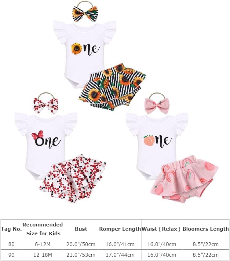 Baby Girls 1st Birthday Outfit Sunflower Peach Romper + Ruffled Shorts + Headband Set for Cake Smash Photo Shoot