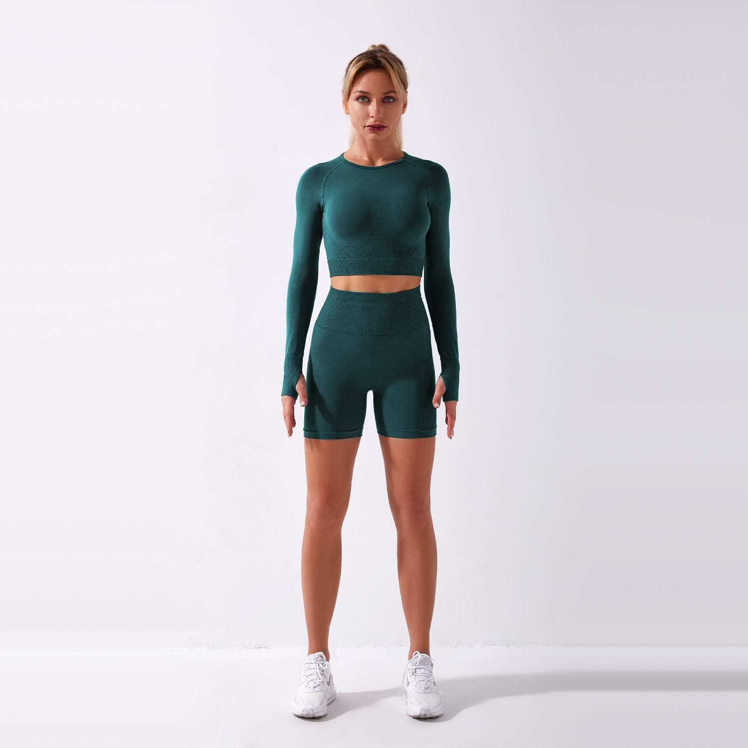 Women's Seamless Yoga Outfits Two Pieces Workout Long Sleeve Crop Top Sports Bra + High Waisted Running Shorts Sets Biker Activewear Athletic Fitness Gym Sexy Active Tracksuit Z - Dark Green Medium
