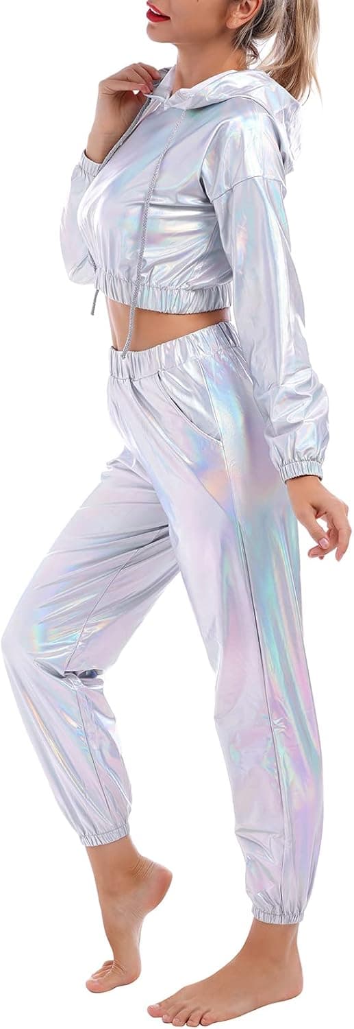 Women's Rave Outfit Shiny Crop Top Hoodie Metallic Casual Long Pants Hooded Workout Sweatshirt Disco Dance Clubwear