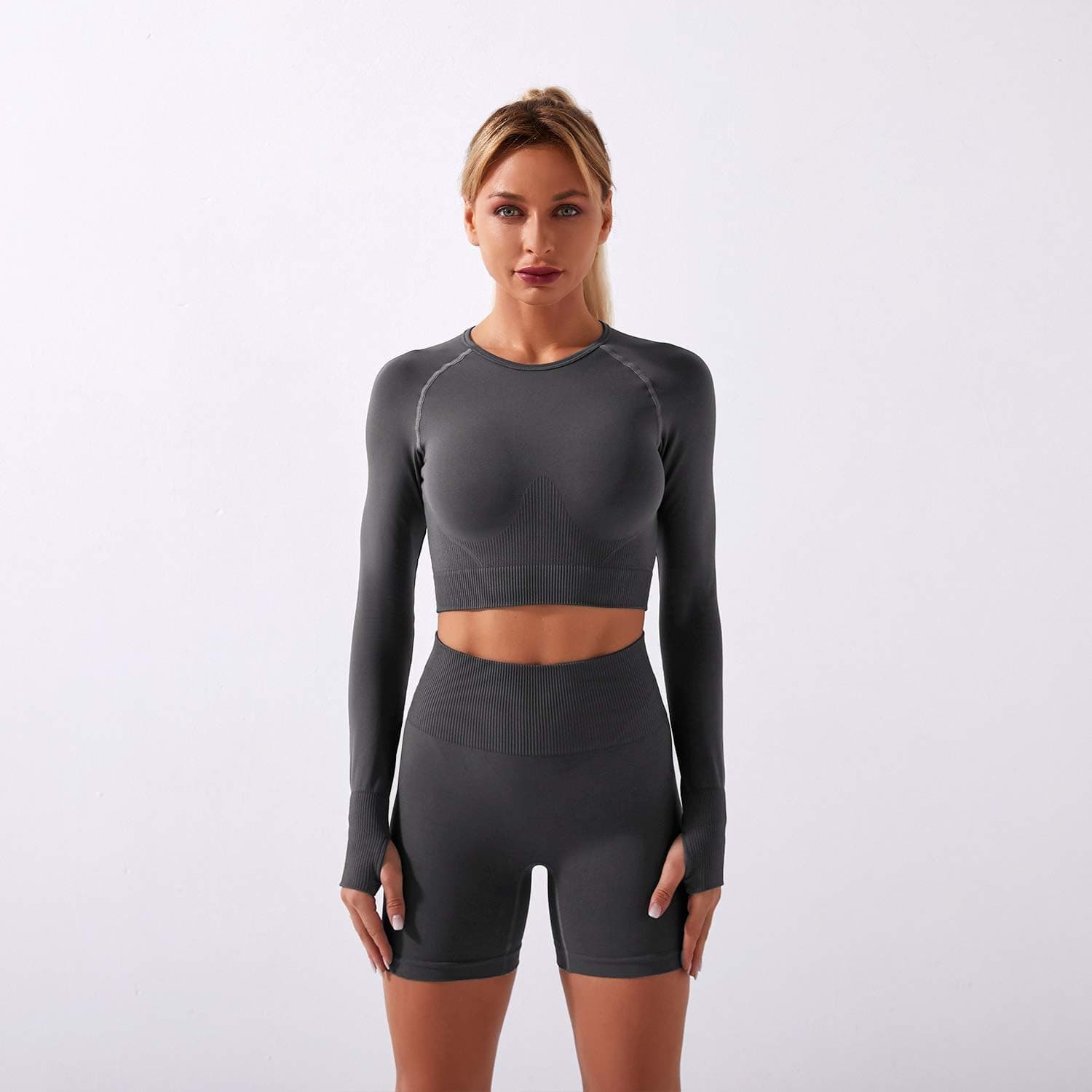 Women's Seamless Yoga Outfits Two Pieces Workout Long Sleeve Crop Top Sports Bra + High Waisted Running Shorts Sets Biker Activewear Athletic Fitness Gym Sexy Active Tracksuit Z - Grey Medium