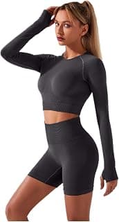 Women's Seamless Yoga Outfits Two Pieces Workout Long Sleeve Crop Top Sports Bra + High Waisted Running Shorts Sets Biker Activewear Athletic Fitness Gym Sexy Active Tracksuit Z - Grey Medium