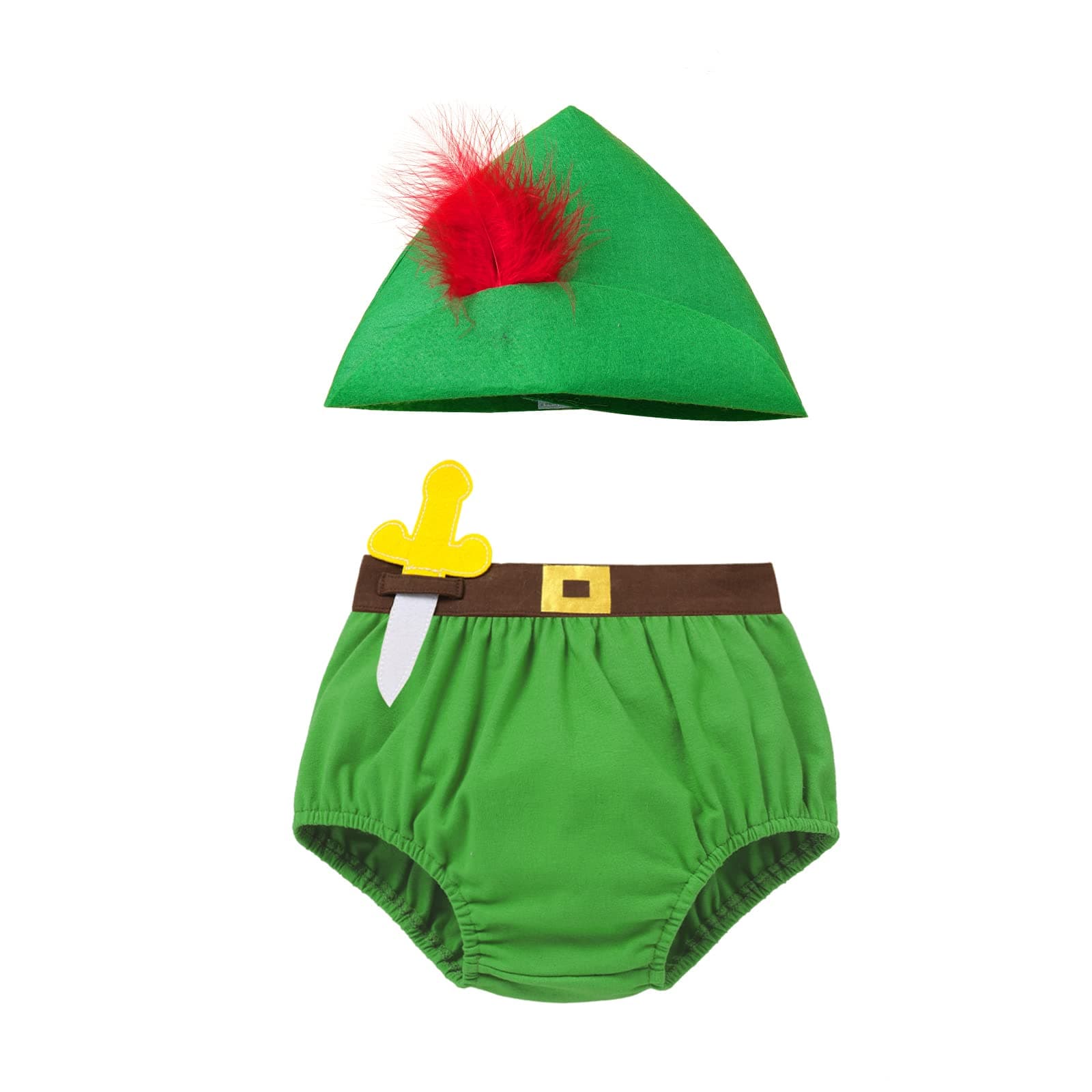 Baby Boys Green Halloween Costume with Feather Hat & Diaper Cover Set