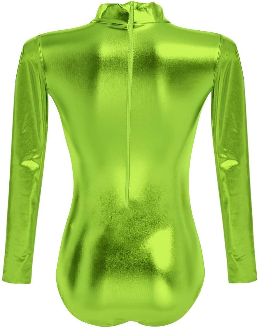 Women Metallic Bodysuit Alien Costume Halloween Cosplay Shiny Long Sleeve Leotard One Piece Latex Rave Outfit