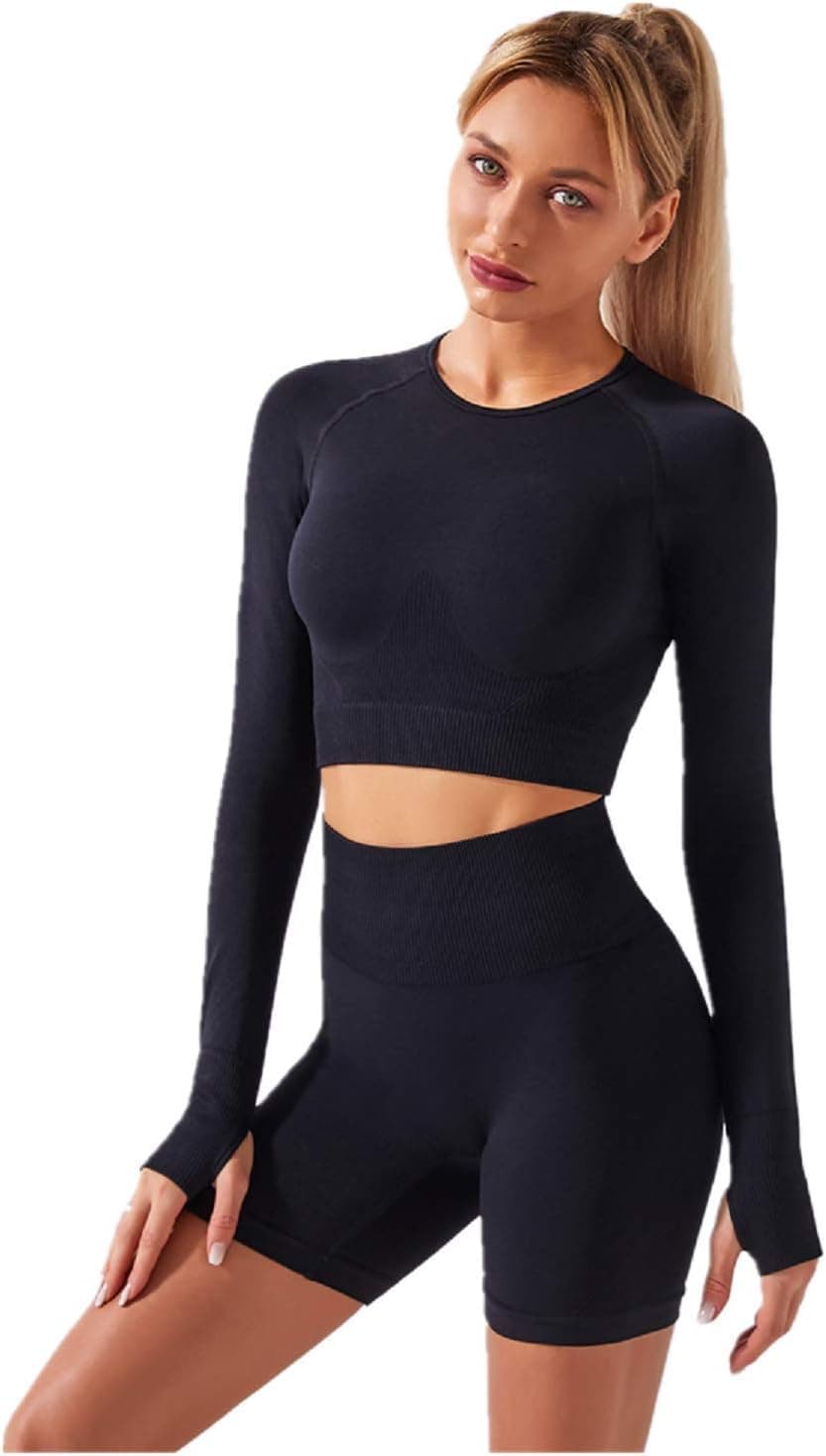 Women's Seamless Yoga Outfits Two Pieces Workout Long Sleeve Crop Top Sports Bra + High Waisted Running Shorts Sets Biker Activewear Athletic Fitness Gym Sexy Active Tracksuit Z - Black Small