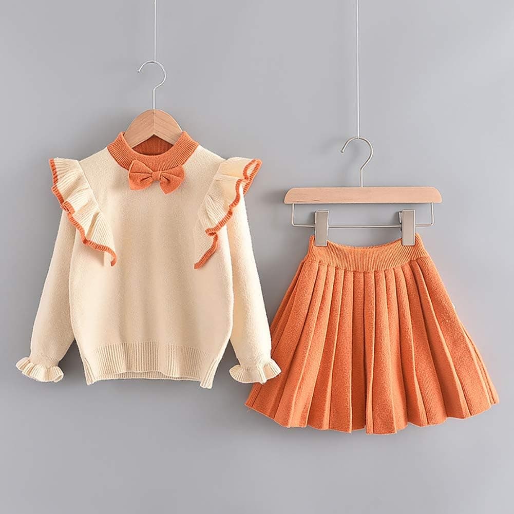 Toddler Baby Girls Outfit Knitted Buttons Sweater Tops Mini Skirt Bowknot Ruffle Long Sleeve Autumn Winter Clothes Set