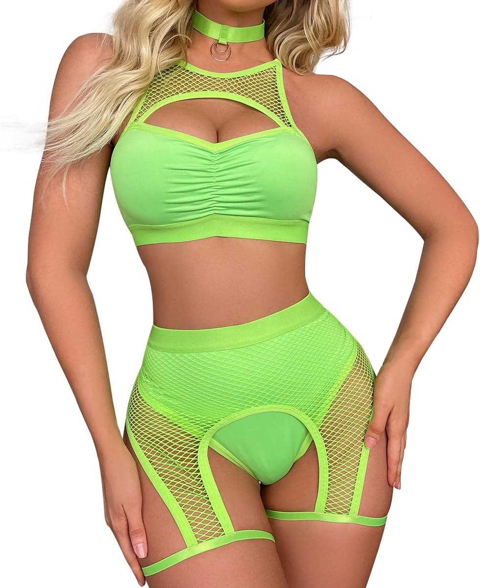 Women Rave Outfits Sheer Fishnet Top Booty Shorts Bottom Choker 3PCS Mesh Babydoll Nightwear Festival Lingerie Clothes