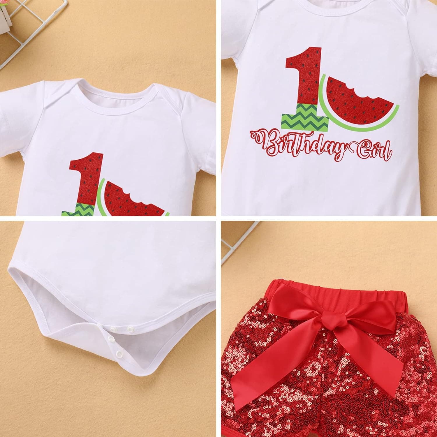 Toddler Baby Girls Melon Birthday Outfit Rainbow Romper Shirt + Shiny Shorts + Headband Kids Cake Smash Clothes 1-5T