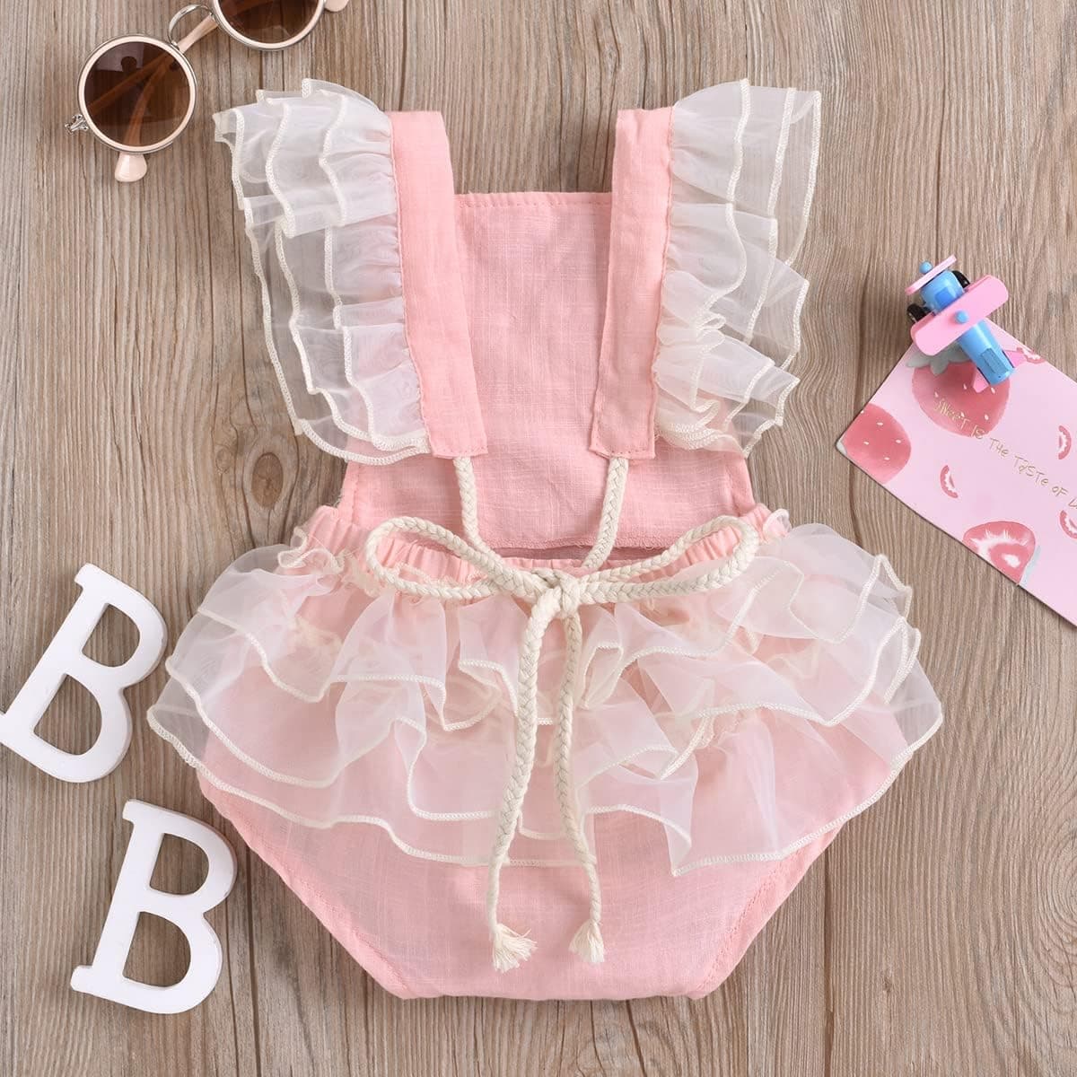 Baby Girl Lace Romper Delicate Embroidery Backless Bodysuit with Flower Headband 2pcs Cake Smash Outfit…