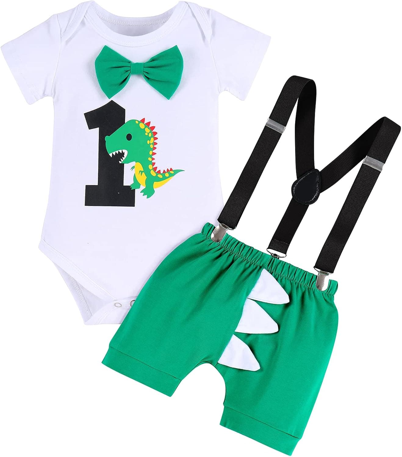 Baby Boys Dinosaur 1st Birthday Outfit Cake Smash Bowtie Romper + Shorts + Suspenders 3PCS Clothes Set for Photo Shoot