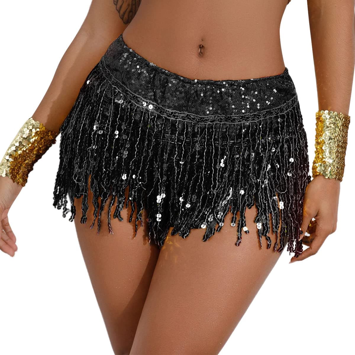 Women Sequins Tassel Skirts Shorts Disco Party Bottoms Alien Cosplay Costume