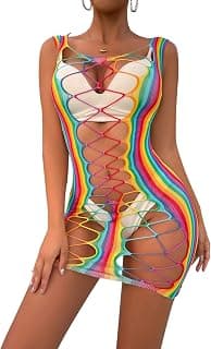 Women’s Sexy Rainbow Striped Mesh See Through Bodysuit Swimwear Bikini Cover Ups Swimsuit Rave Festivals Outfits