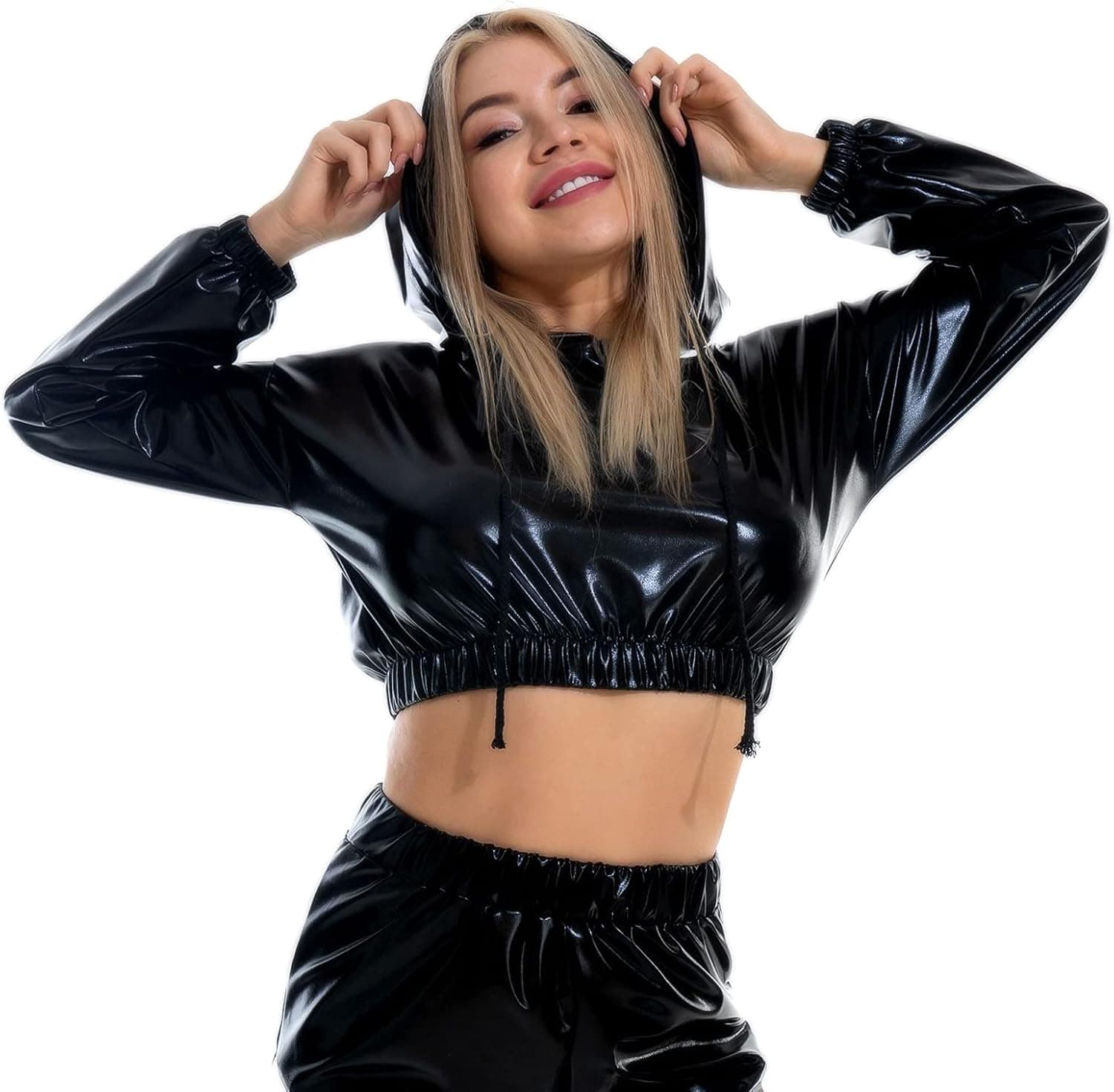 Womens Shiny Metallic Crop Top Hoodies Drawstring Long Sleeve Wet Look Pullover Holographic Sweatshirts Club Wear