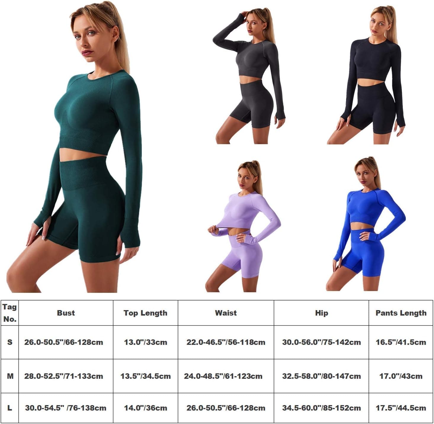 Women's Seamless Yoga Outfits Two Pieces Workout Long Sleeve Crop Top Sports Bra + High Waisted Running Shorts Sets Biker Activewear Athletic Fitness Gym Sexy Active Tracksuit Z - Royal Blue Medium