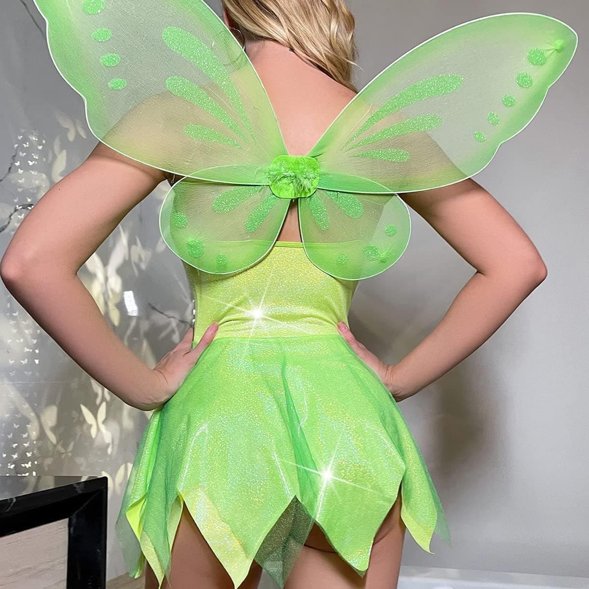 Women's Shiny Rave Outfit Halloween Costume Top Mini Skirt Wings Dress up Cosplay Music Festivals Clothes Set
