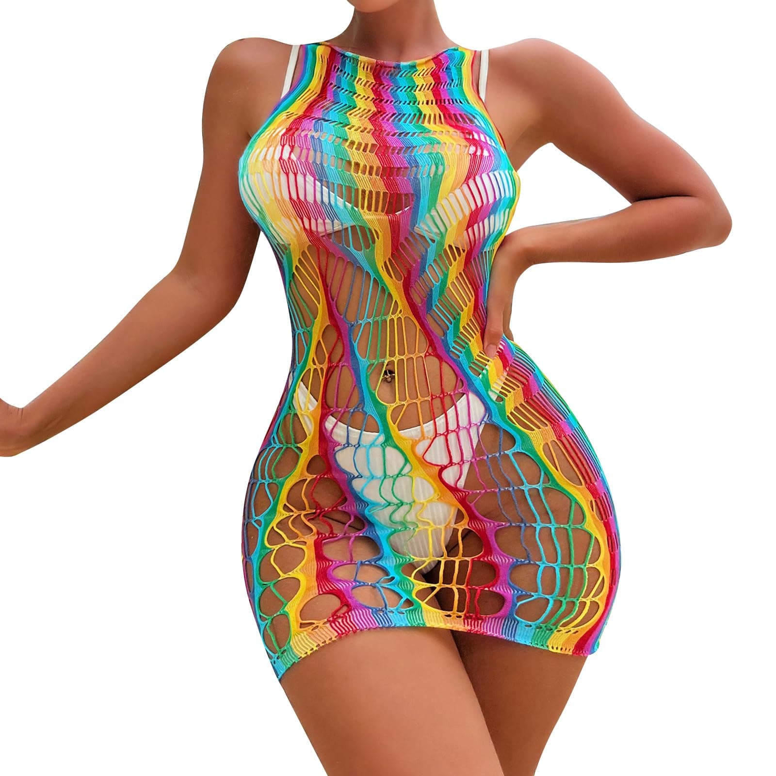 Rainbow Rave Fishnet Costume for Women