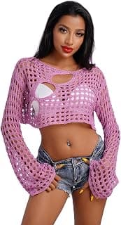 Women Hollow Out Crochet Knit Crop Tops Summer Beach Cover Up Bell Long Sleeve Rave Sweaters Tops