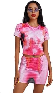 Women Rave Outfit Rainbow Tie Dye Print Crop To with Bodycon Mini Skirt Music Festival Holiday Streetwear
