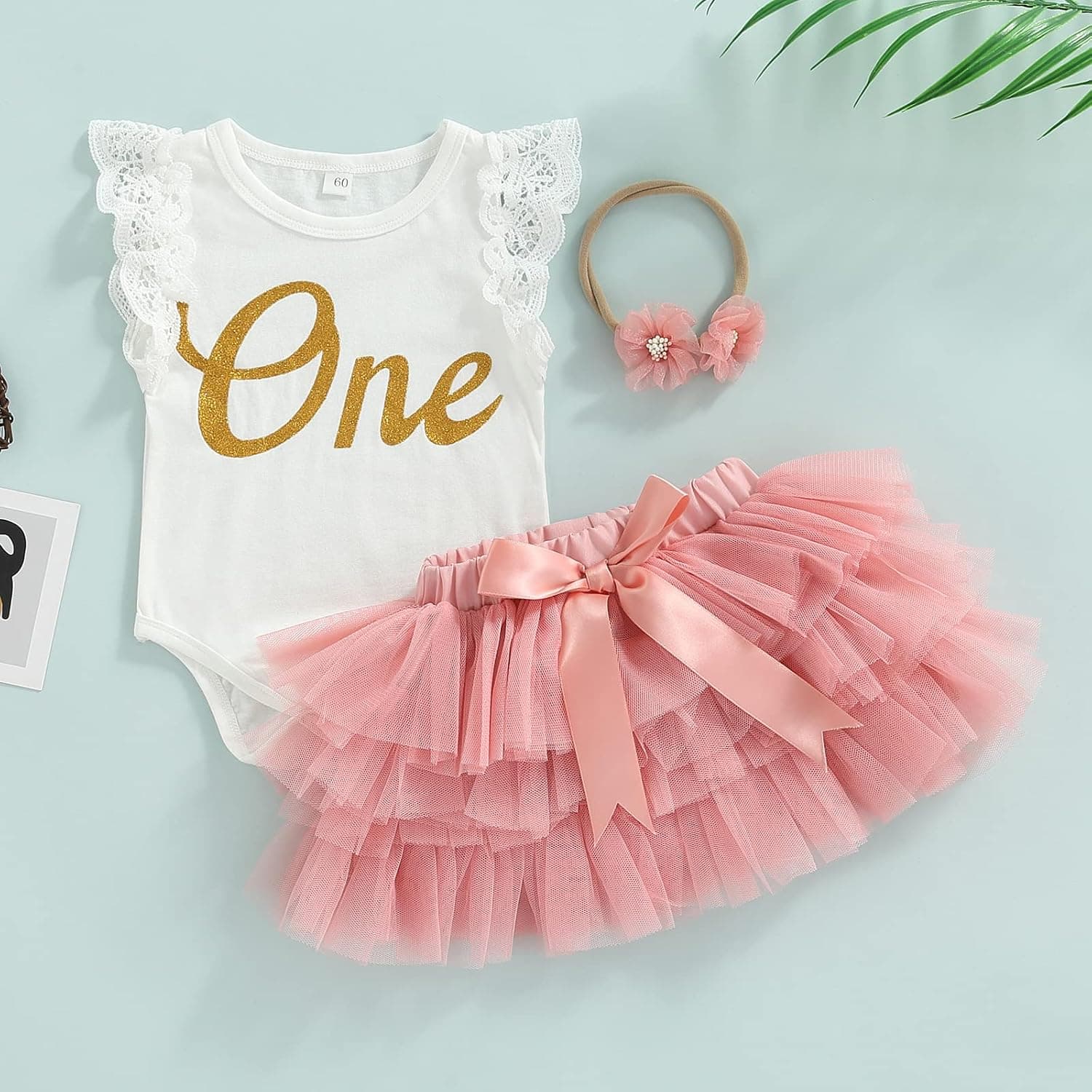 Baby Girl First Birthday Outfit One Fly Sleeve Romper and Tutu Skirts Set with Headband Baby My 1st Birthday Clothes