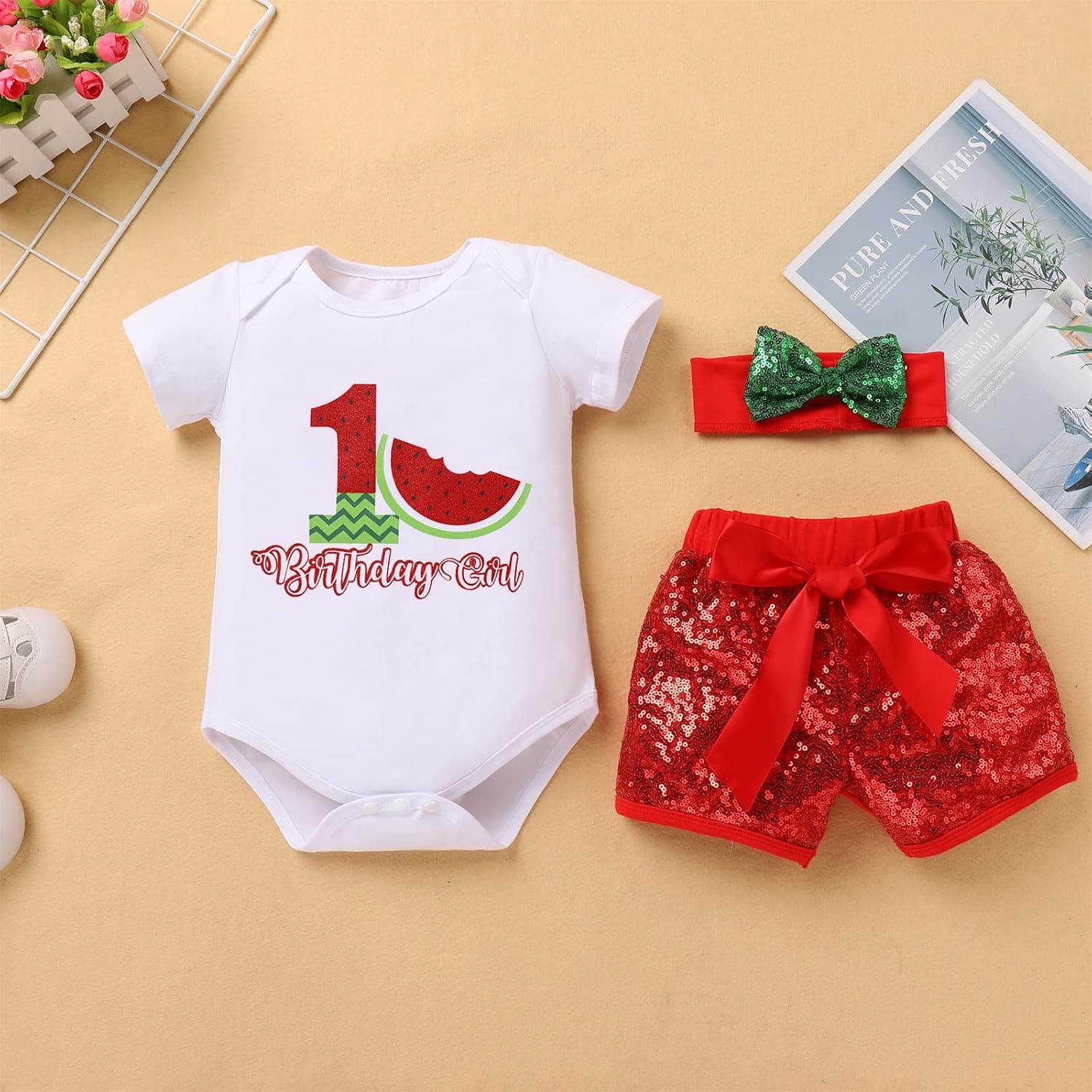 Toddler Baby Girls Melon Birthday Outfit Rainbow Romper Shirt + Shiny Shorts + Headband Kids Cake Smash Clothes 1-5T