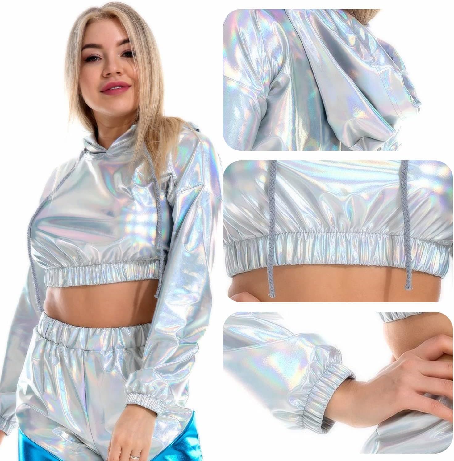 Holographic Crop Top Hoodies Shiny Metallic Top Rave Outfits For Women