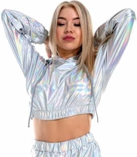 Holographic Crop Top Hoodies Shiny Metallic Top Rave Outfits For Women