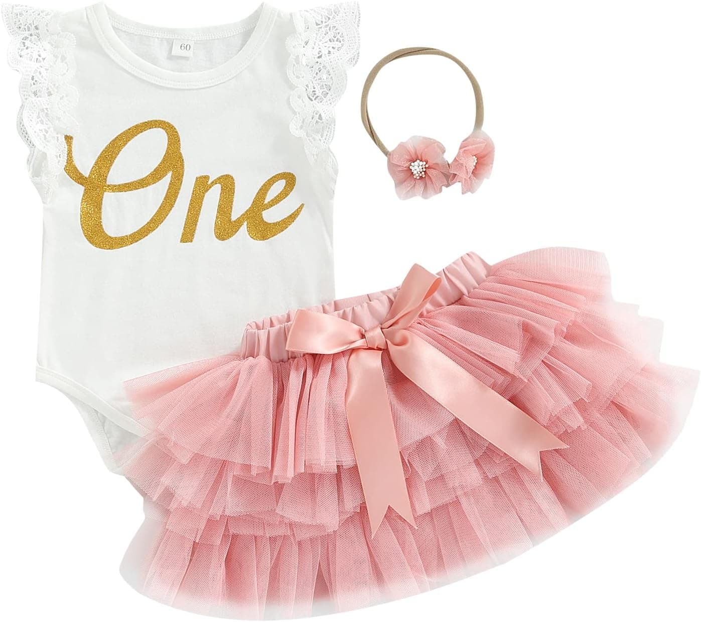 Baby Girl First Birthday Outfit One Fly Sleeve Romper and Tutu Skirts Set with Headband Baby My 1st Birthday Clothes