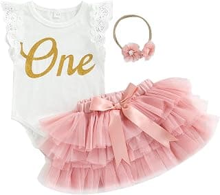 Baby Girl First Birthday Outfit One Fly Sleeve Romper and Tutu Skirts Set with Headband Baby My 1st Birthday Clothes