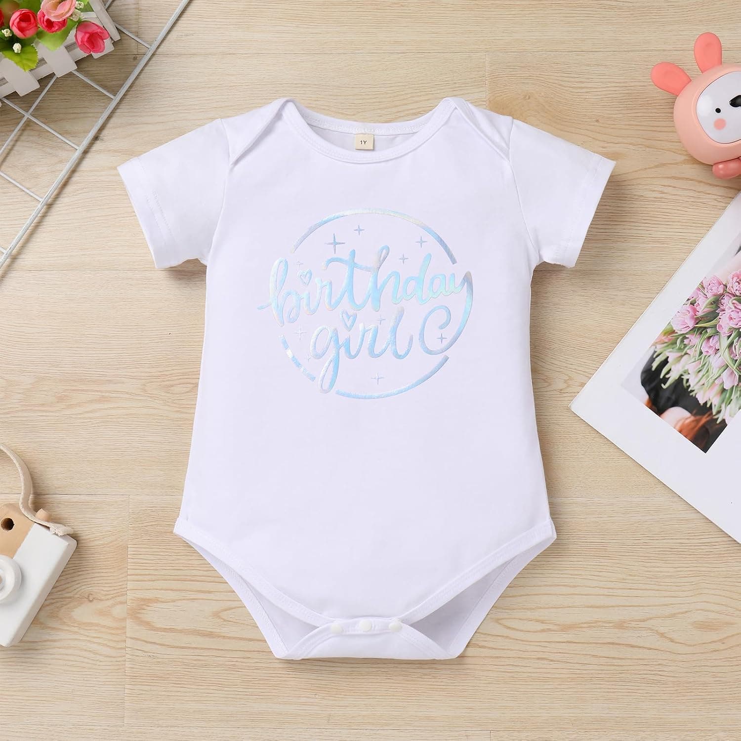 Baby Girls 1st Birthday Girl Outfit Romper + Metallic Ruffle Shorts Tutu + Headband Cake Smash Photo Shoot