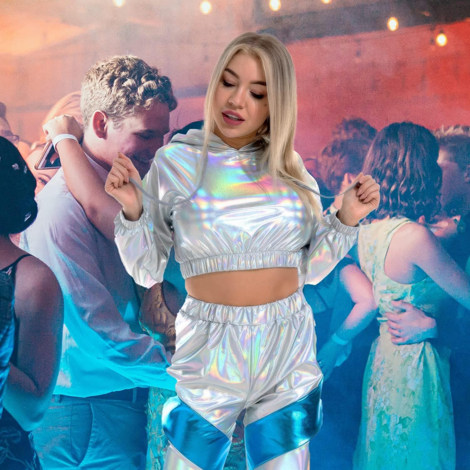 Holographic Crop Top Hoodies Shiny Metallic Top Rave Outfits For Women