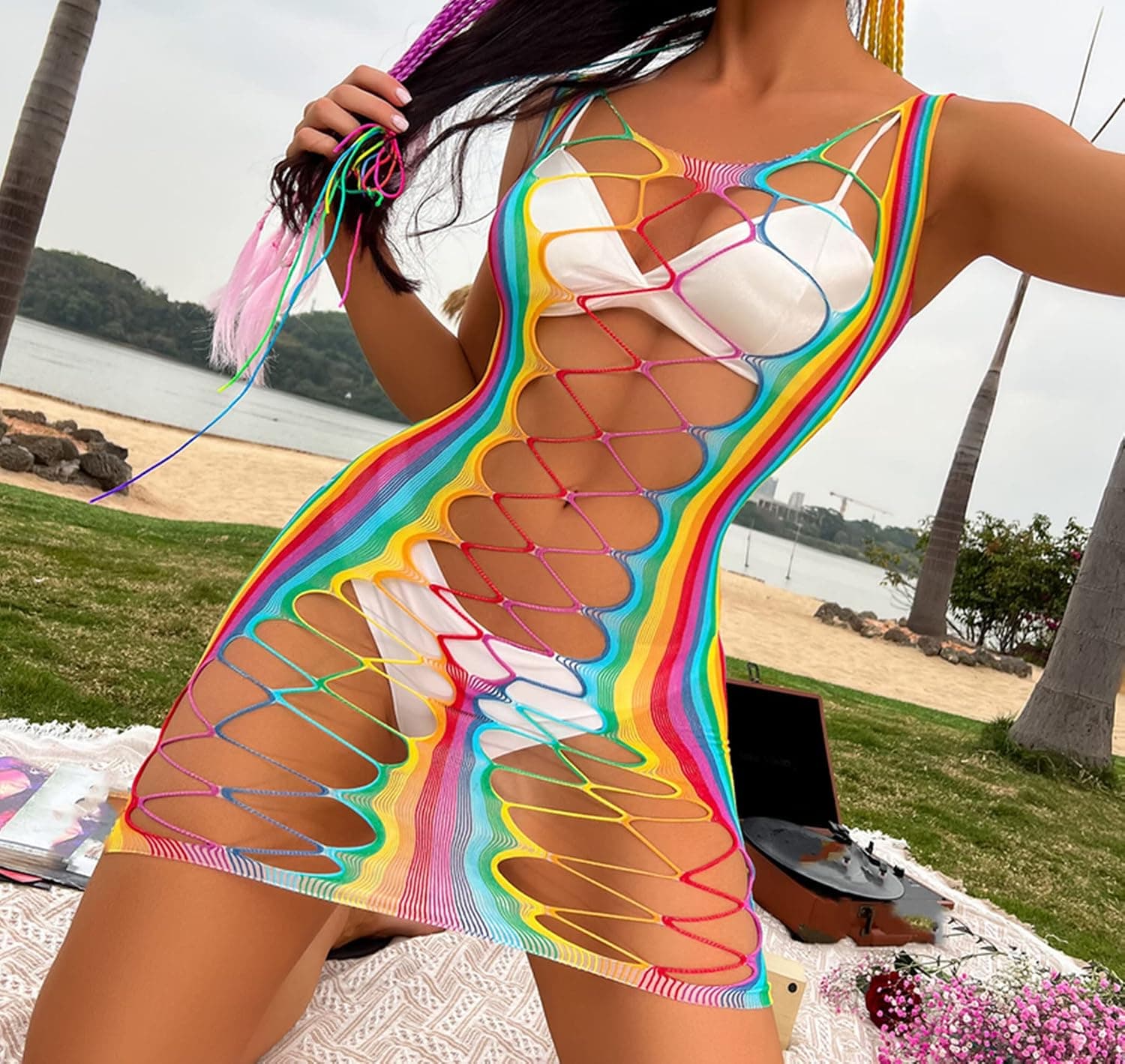 Women’s Sexy Rainbow Striped Mesh See Through Bodysuit Swimwear Bikini Cover Ups Swimsuit Rave Festivals Outfits
