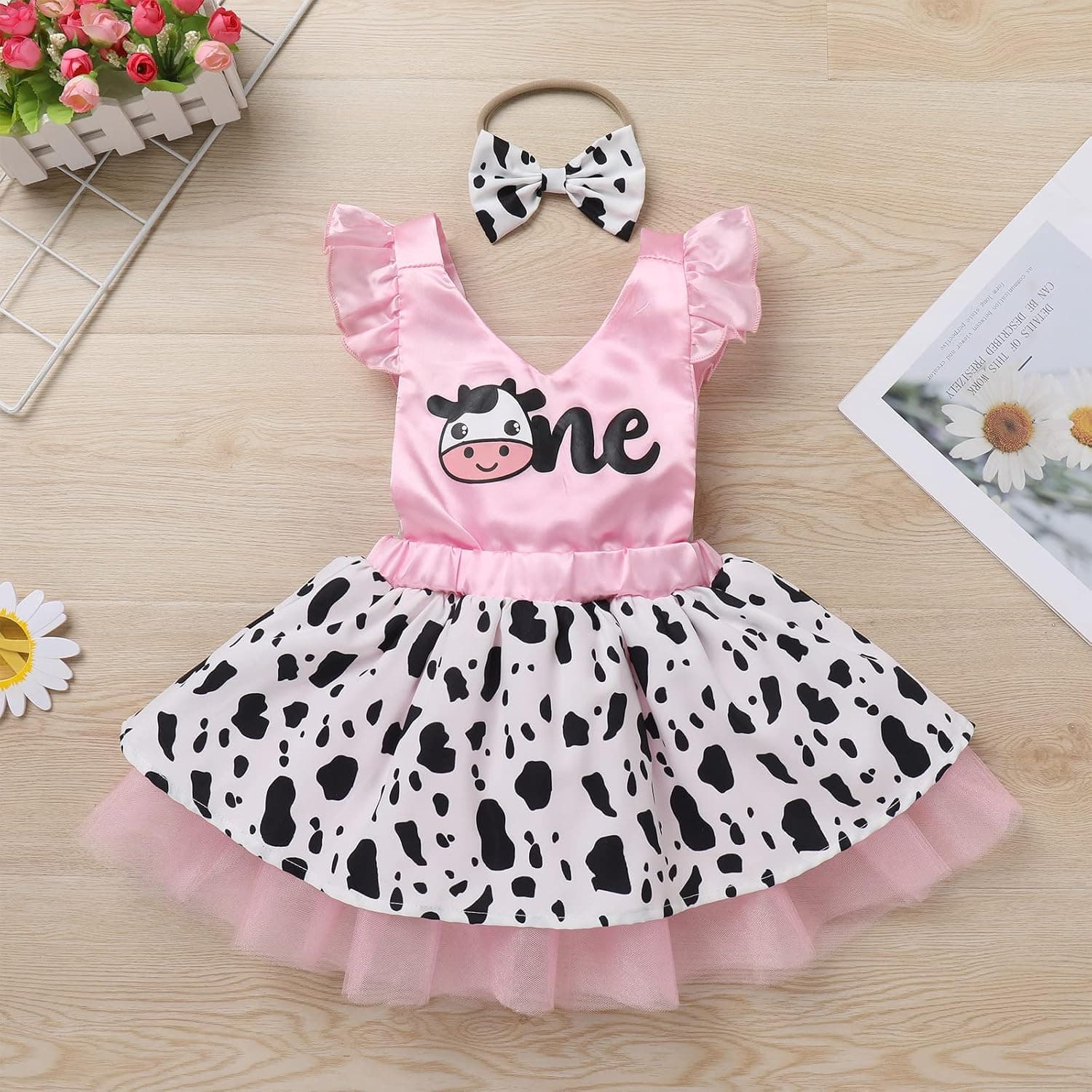 Toddler Baby Girl Farm Cow 1st Birthday Outfit Cow Print Dress with Headband Cake Smash Photo Shoot Clothes Set