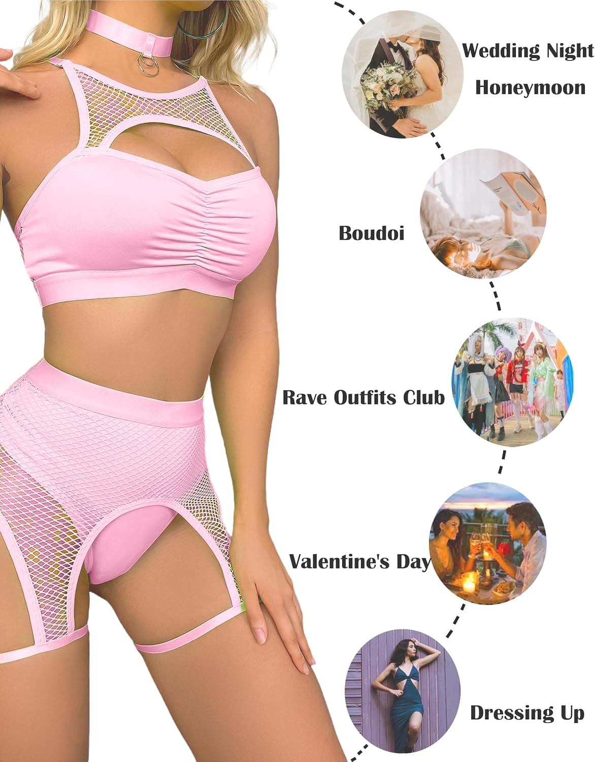 Rave Outfits for Women Festival Fishnet Lingerie Set Booty Shorts 3Pcs Babydoll Cutout Nightwear with Choker