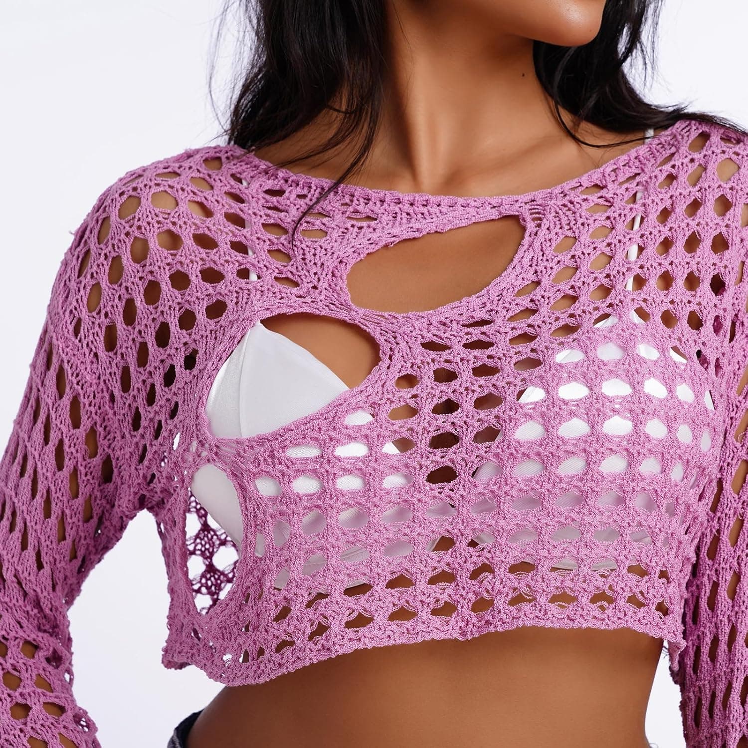 Women Hollow Out Crochet Knit Crop Tops Summer Beach Cover Up Bell Long Sleeve Rave Sweaters Tops